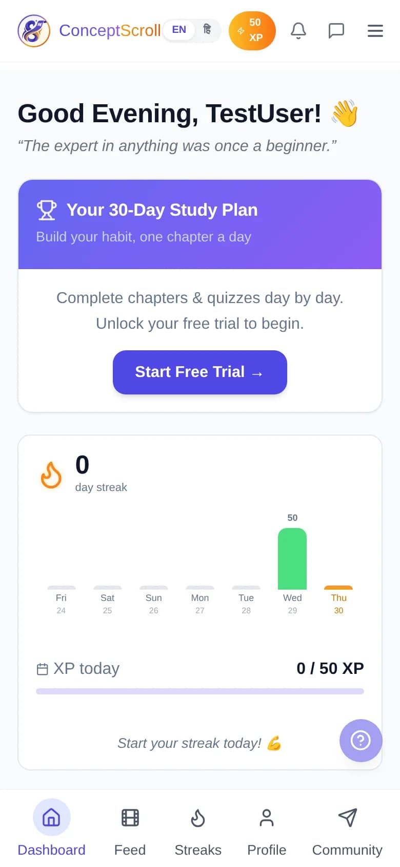 ConceptScroll dashboard with daily challenge and XP progress