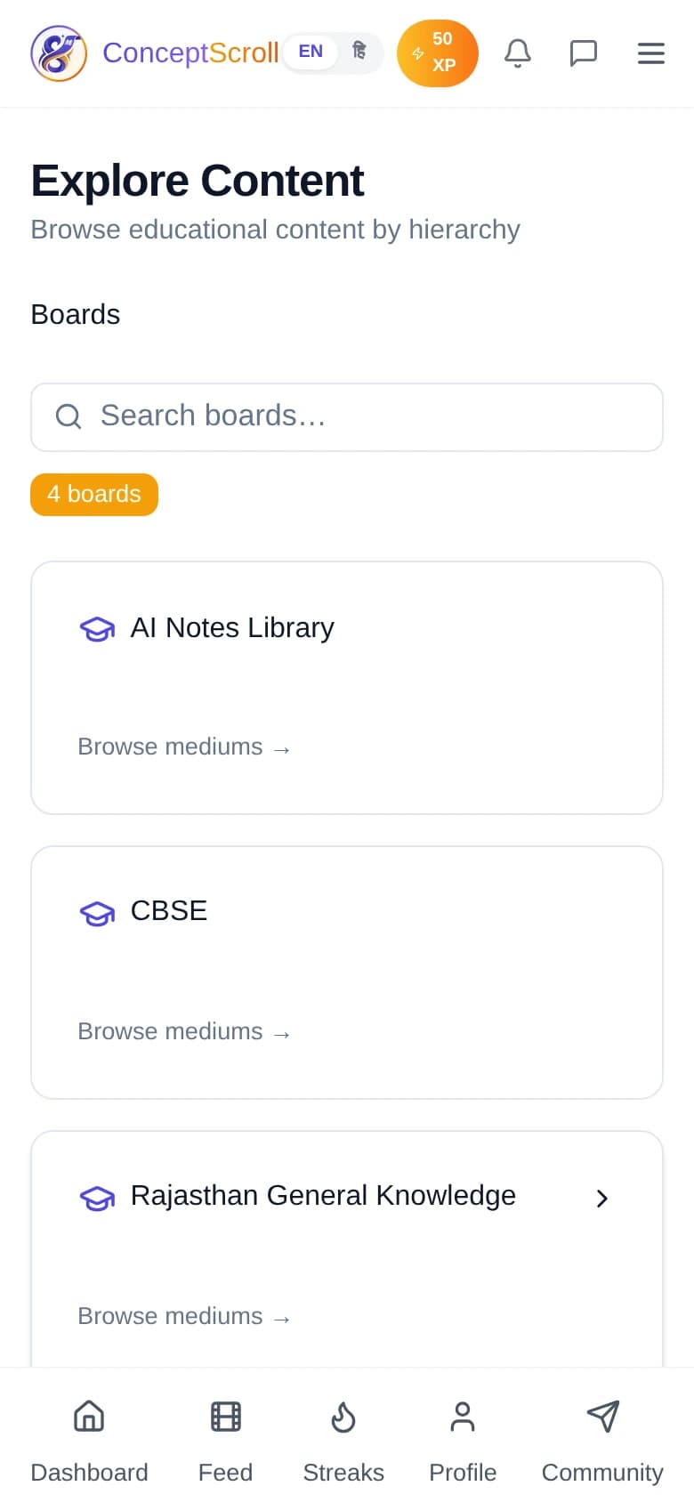 ConceptScroll content explorer with CBSE chapters