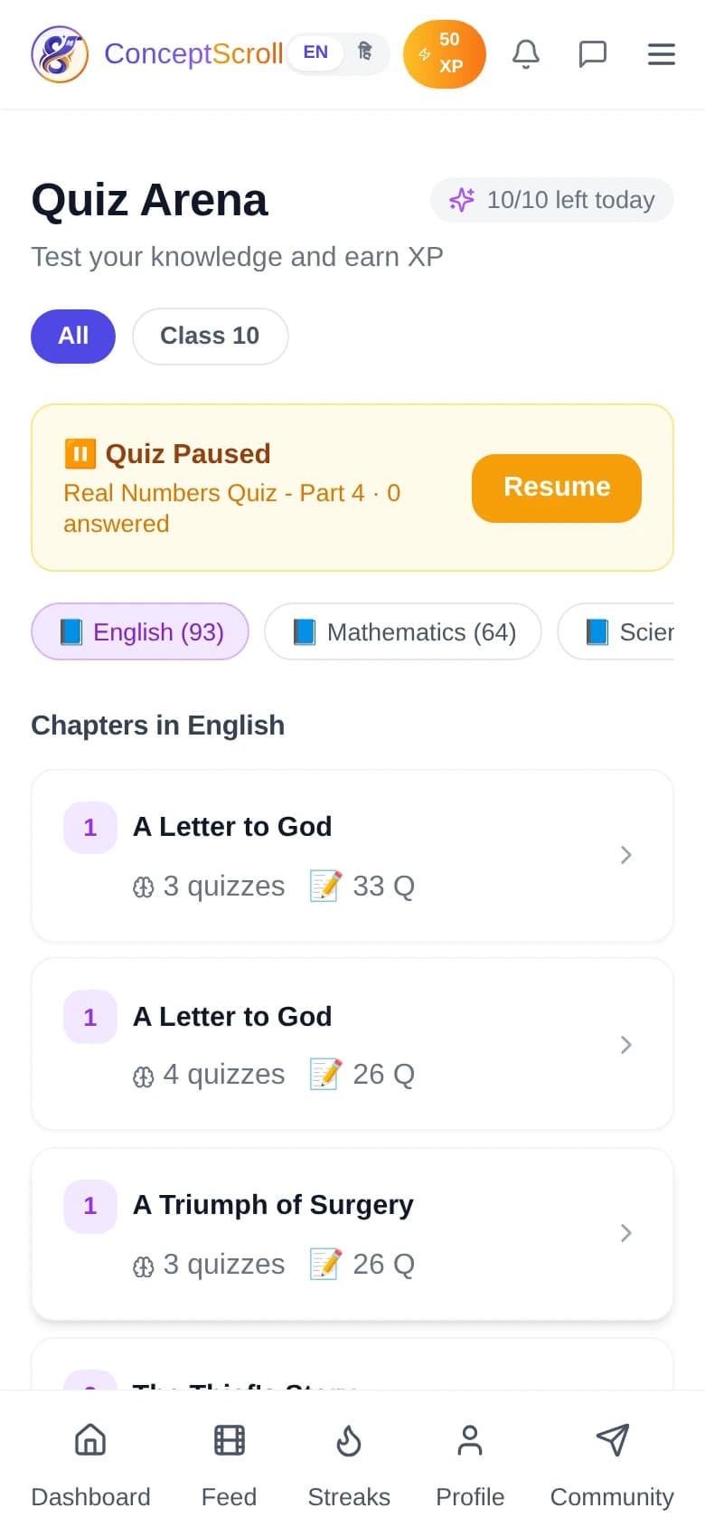 ConceptScroll quiz arena with subject-wise questions